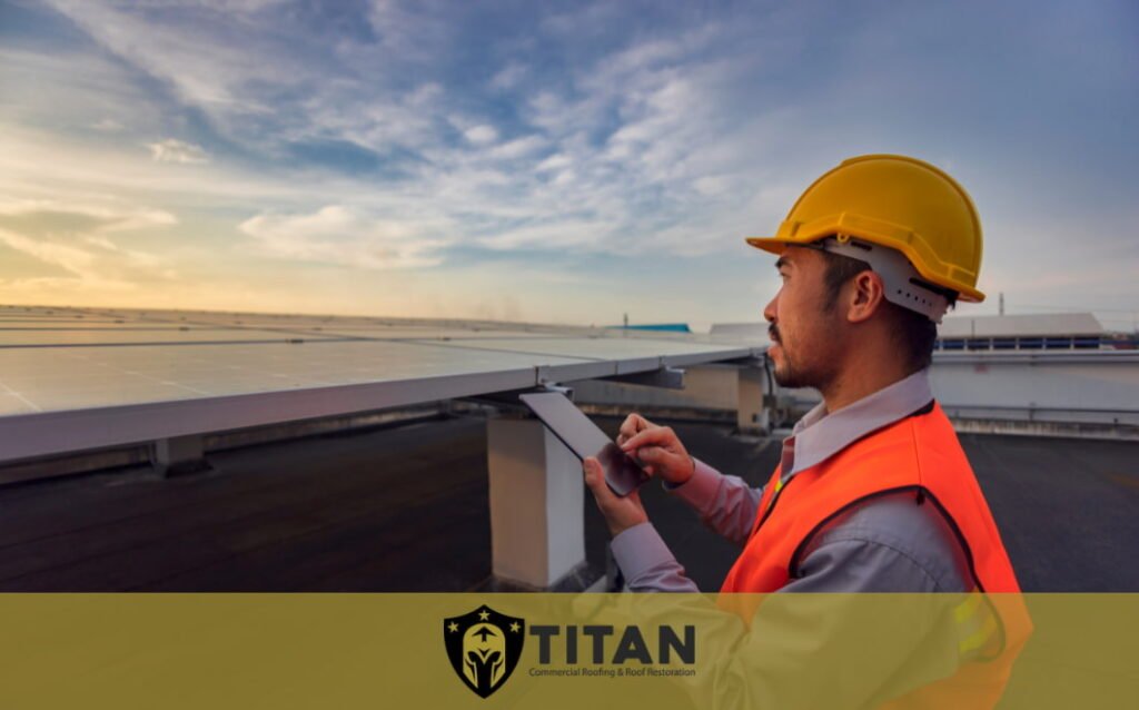 A worker in a hard hat and safety vest inspects solar panels on a rooftop at sunset, holding a tablet. "TITAN Commercial Roofing & Roof Restoration" logo is at the bottom.