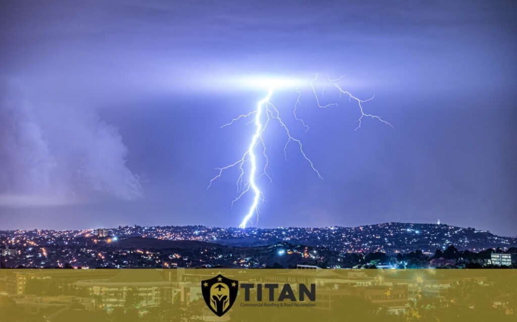 A bolt of lightning strikes over a cityscape at night, illuminating the sky. The logo and name "Titan Commercial Roofing & Roof Restoration" are displayed at the bottom.