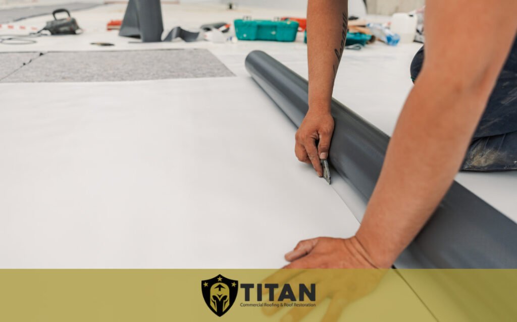 Person cutting roofing material with a utility knife on a flat surface; tools and materials are visible around. Titan Commercial Roofing & Roof Restoration logo at the bottom.