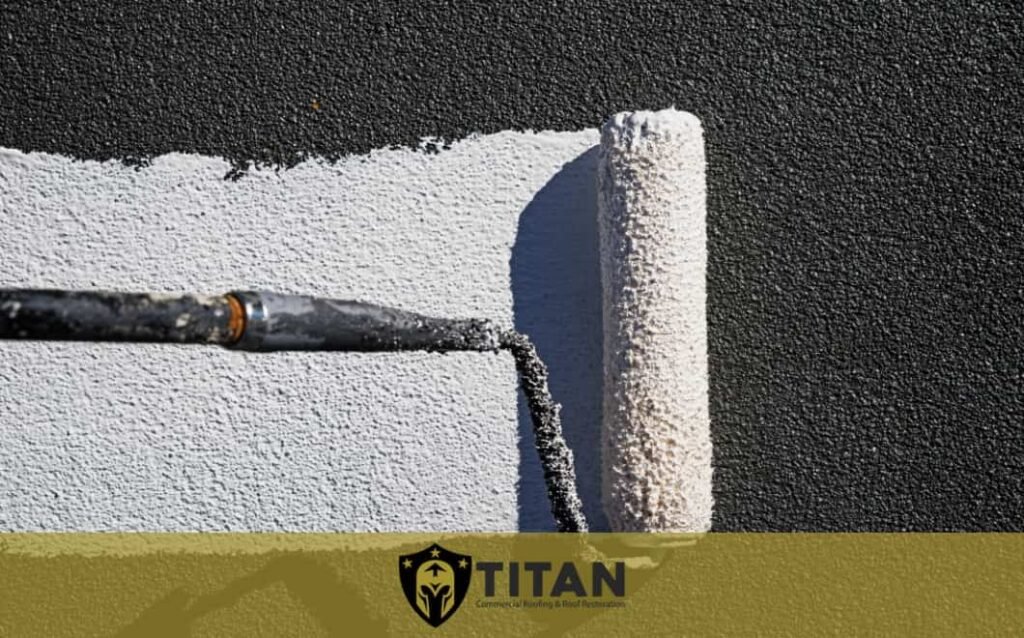 A paint roller applies a fresh coat of white paint over a textured dark surface; the Titan logo is visible in a yellow band at the bottom.