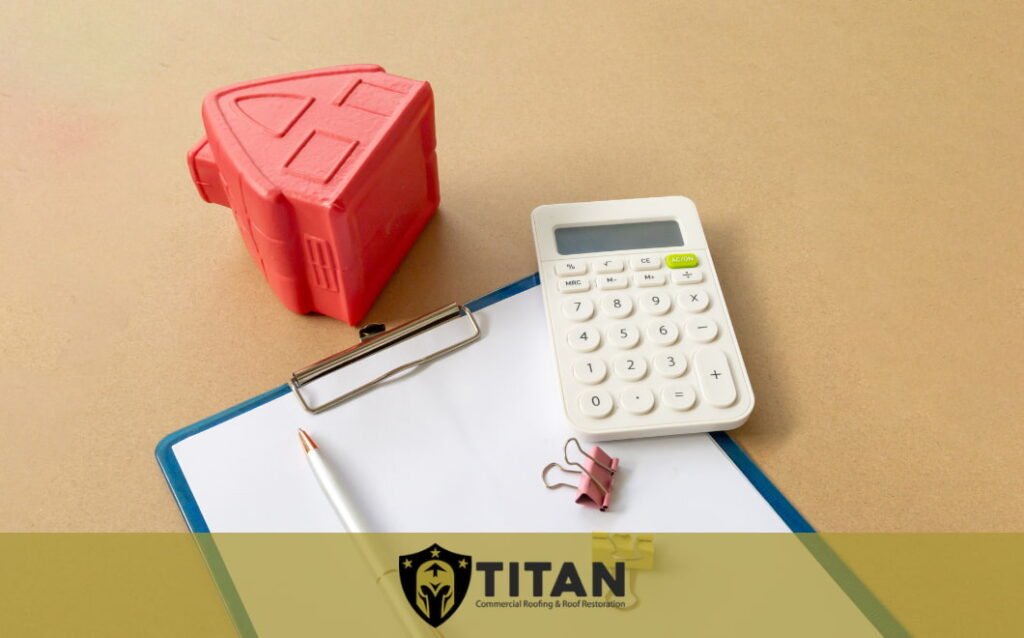 A clipboard with paper, a pen, a binder clip, a white calculator, and a red measuring tape on a desk, with a Titan Commercial Roofing logo at the bottom.